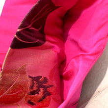 画像をギャラリービューアに読み込む, 名古屋帯 昔 アンティーク帯 ピンク×金赤紫 椿 昔名古屋帯 レトロ 明治・大正ロマン 正絹 カジュアル 長さ338.5cm