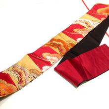 Load image into Gallery viewer, 名古屋帯 アンティーク帯 昔名古屋帯 黒×赤×金 松 ブロックチェック 別誂 大嶋織 レトロ 大正ロマン 市松 長さ328.5cm