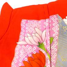 画像をギャラリービューアに読み込む, 子供着物 目玉品 女の子用 一つ身 きもの・襦袢・帯・小物セット 朱色ｘ多色 正絹 花々文様 フォーマル 女児 七五三 祝着 子供きもの 身丈74cm