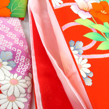 画像をギャラリービューアに読み込む, 子供着物 目玉品 女の子用 一つ身 きもの・襦袢・帯・小物セット 朱色ｘ多色 正絹 花々文様 フォーマル 女児 七五三 祝着 子供きもの 身丈74cm