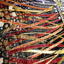 Load image into Gallery viewer, 袋帯 振袖用 目玉品 帯＆重ね衿＆刺繍半衿 3点セット 黒ｘ金銀ｘ多色 小桜・植物文様 六通柄 正絹 仕立て上がり 着物帯 長さ442.6cm