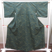 画像をギャラリービューアに読み込む, ウール着物 単衣 グリーン×イエロー 線デザイン しつけ糸付 バチ衿 カジュアルきもの 普段着物 仕立て上がり ウールきもの 和洋ミックス 身丈159cm