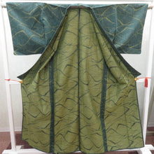 画像をギャラリービューアに読み込む, ウール着物 単衣 グリーン×イエロー 線デザイン しつけ糸付 バチ衿 カジュアルきもの 普段着物 仕立て上がり ウールきもの 和洋ミックス 身丈159cm