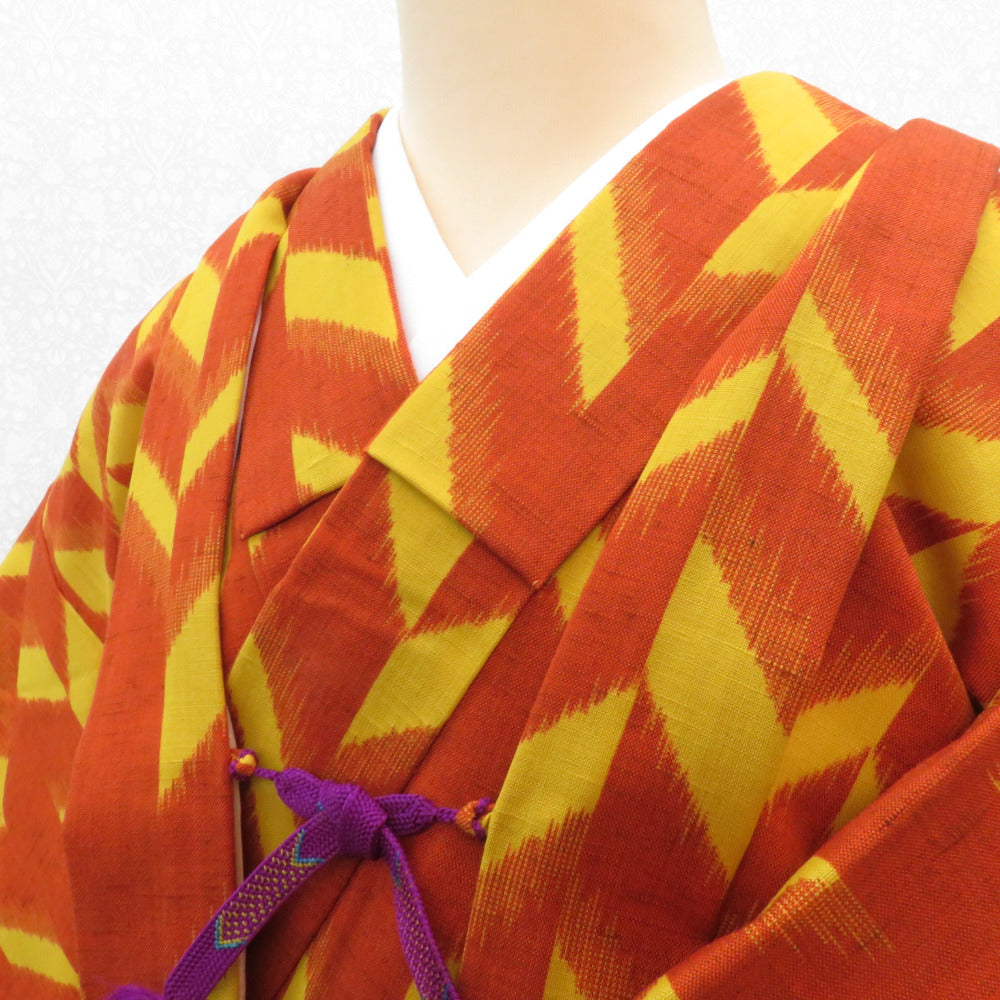 ウール着物 女性用ウールアンサンブル2点セット 羽織＆着物 オレンジ