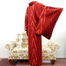 Load image into Gallery viewer, 小紋 昔 アンティーク 昔着物 赤×黒 グレー カラシ 幾何学柄 広衿 正絹 昔きもの レトロ 明治・大正ロマン カジュアル 身丈147.9cm