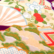 Load image into Gallery viewer, 羽織 アンティーク 昔長羽織 正絹 紫×多色 扇 花車 花々 昔 レトロモダン 明治・大正ロマン ちりよけ 上着 身丈99.5cm