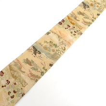 画像をギャラリービューアに読み込む, 名古屋帯 アンティーク帯 昔名古屋帯 ベージュ×多色 風景 花 鶴 昔帯 丸帯生地使用 レトロモダン 明治・大正ロマン 正絹 長さ328.3cm