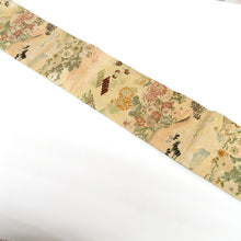画像をギャラリービューアに読み込む, 名古屋帯 アンティーク帯 昔名古屋帯 ベージュ×多色 風景 花 鶴 昔帯 丸帯生地使用 レトロモダン 明治・大正ロマン 正絹 長さ328.3cm
