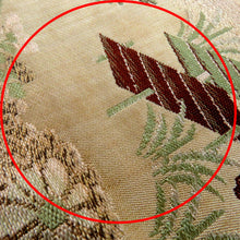 画像をギャラリービューアに読み込む, 名古屋帯 アンティーク帯 昔名古屋帯 ベージュ×多色 風景 花 鶴 昔帯 丸帯生地使用 レトロモダン 明治・大正ロマン 正絹 長さ328.3cm