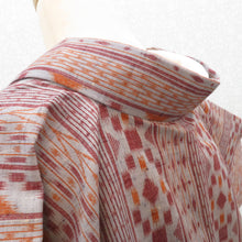 画像をギャラリービューアに読み込む, ウール着物 単衣 グレー地×エンジ×オレンジ 縦ラインデザイン バチ衿 カジュアルきもの 普段着物 仕立て上がり ウールきもの 和洋ミックス 身丈157.3cm