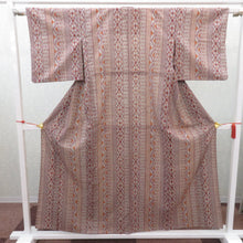 画像をギャラリービューアに読み込む, ウール着物 単衣 グレー地×エンジ×オレンジ 縦ラインデザイン バチ衿 カジュアルきもの 普段着物 仕立て上がり ウールきもの 和洋ミックス 身丈157.3cm