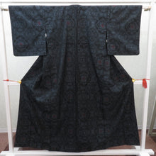 画像をギャラリービューアに読み込む, ウール着物 単衣 濃紺×赤 華文調 バチ衿 カジュアルきもの 普段着物 仕立て上がり ウールきもの 和洋ミックス 身丈156.2cm