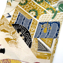 画像をギャラリービューアに読み込む, 名古屋帯 アンティーク帯 昔名古屋帯 ベージュ×多色 絵巻物 鶴 花 昔帯 九寸帯 レトロモダン 明治・大正ロマン 長さ377cm