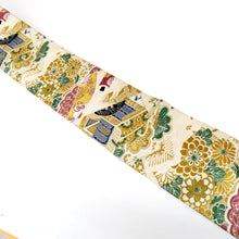 画像をギャラリービューアに読み込む, 名古屋帯 アンティーク帯 昔名古屋帯 ベージュ×多色 絵巻物 鶴 花 昔帯 九寸帯 レトロモダン 明治・大正ロマン 長さ377cm