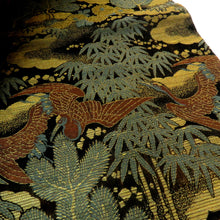 画像をギャラリービューアに読み込む, 丸帯 アンティーク帯 昔 緑黒茶×金茶白 夫婦鶴 花 雲 全通 昔帯 正絹 レトロモダン 明治・大正ロマン 長さ398.5cm