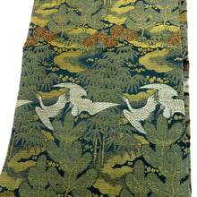 画像をギャラリービューアに読み込む, 丸帯 アンティーク帯 昔 緑黒茶×金茶白 夫婦鶴 花 雲 全通 昔帯 正絹 レトロモダン 明治・大正ロマン 長さ398.5cm