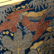 画像をギャラリービューアに読み込む, 丸帯 アンティーク帯 昔 緑黒茶×金茶白 夫婦鶴 花 雲 全通 昔帯 正絹 レトロモダン 明治・大正ロマン 長さ398.5cm