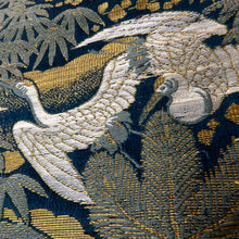 画像をギャラリービューアに読み込む, 丸帯 アンティーク帯 昔 緑黒茶×金茶白 夫婦鶴 花 雲 全通 昔帯 正絹 レトロモダン 明治・大正ロマン 長さ398.5cm