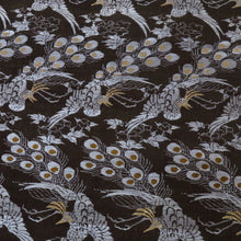 画像をギャラリービューアに読み込む, 丸帯 アンティーク帯 昔 黒×グレー茶 花 鳳凰 全通 昔帯 正絹 レトロモダン 明治・大正ロマン 長さ388cm