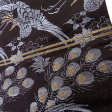 画像をギャラリービューアに読み込む, 丸帯 アンティーク帯 昔 黒×グレー茶 花 鳳凰 全通 昔帯 正絹 レトロモダン 明治・大正ロマン 長さ388cm
