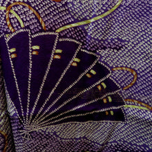 画像をギャラリービューアに読み込む, 羽織 アンティーク 昔長羽織 正絹 紫×多色 檜扇 鼓 昔 レトロモダン 明治・大正ロマン ちりよけ 上着 身丈98.3cm