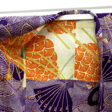 画像をギャラリービューアに読み込む, 羽織 アンティーク 昔長羽織 正絹 紫×多色 檜扇 鼓 昔 レトロモダン 明治・大正ロマン ちりよけ 上着 身丈98.3cm