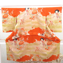 Load image into Gallery viewer, 襦袢 昔襦袢 長襦袢 アンティーク 正絹 オレンジ 御所人形の宝船曳き 金コマ刺繍 裏地紅絹 袷仕立 バチ衿 レトロ 明治・大正ロマン 身丈123cm