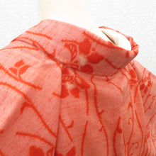 画像をギャラリービューアに読み込む, ウール着物 単衣 朱色 立涌調 花 バチ衿 カジュアルきもの 普段着物 仕立て上がり ウールきもの 和洋ミックス 身丈155.5cm