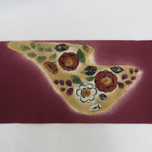 Load image into Gallery viewer, 名古屋帯 染め模様 落款入り 縮緬 小豆色ｘ多色 お太鼓柄 辻が花文様 正絹 カジュアル 着物帯 長さ372cm