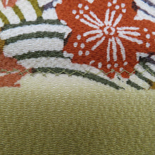 画像をギャラリービューアに読み込む, 名古屋帯 染め模様 縮緬 辛子色ｘ多色 波に桜と紅葉文様 全通柄 正絹 カジュアル 着物帯 長さ362cm