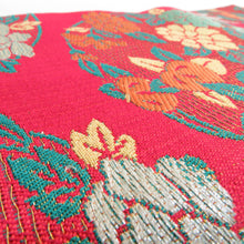 Load image into Gallery viewer, 半幅帯 アンティーク 絹 赤色ｘ黄色ｘ緑色 花丸文様 半巾帯 レトロ 昔帯 カジュアル 和洋ミックス 長さ344cm