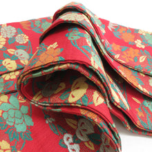 Load image into Gallery viewer, 半幅帯 アンティーク 絹 赤色ｘ黄色ｘ緑色 花丸文様 半巾帯 レトロ 昔帯 カジュアル 和洋ミックス 長さ344cm