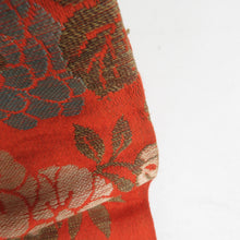 Load image into Gallery viewer, 半幅帯 アンティーク 絹 オレンジ色ｘ青色 花に扇子文様 半巾帯 レトロ 昔帯 カジュアル 和洋ミックス 長さ320cm