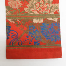 Load image into Gallery viewer, 半幅帯 アンティーク 絹 オレンジ色ｘ青色 花に扇子文様 半巾帯 レトロ 昔帯 カジュアル 和洋ミックス 長さ320cm