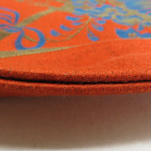 Load image into Gallery viewer, 半幅帯 アンティーク 絹 オレンジ色ｘ青色 花に扇子文様 半巾帯 レトロ 昔帯 カジュアル 和洋ミックス 長さ320cm