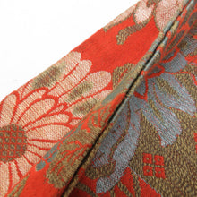 Load image into Gallery viewer, 半幅帯 アンティーク 絹 オレンジ色ｘ青色 花に扇子文様 半巾帯 レトロ 昔帯 カジュアル 和洋ミックス 長さ320cm