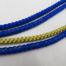 Load image into Gallery viewer, 帯締め 振袖用 帯〆 青色×金色 パールビーズ 飾り付き 金糸 絹100% 丸組 成人式 卒業式 和装小物 長さ168cm