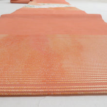 Load image into Gallery viewer, 名古屋帯 夏帯 絽 正絹 サーモンピンク色ｘ多色 扇面に花文様 お太鼓柄 夏用 なごや帯 正絹 カジュアル 仕立て上がり 夏物 長さ338cm