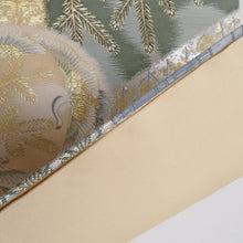 画像をギャラリービューアに読み込む, 袋帯 金糸銀糸 灰色ｘ金色ｘ緑色 向い鶴に松竹梅文様 六通柄 正絹 フォーマル向け 着物帯 長さ448cm