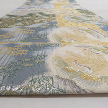 画像をギャラリービューアに読み込む, 袋帯 金糸銀糸 灰色ｘ金色ｘ緑色 向い鶴に松竹梅文様 六通柄 正絹 フォーマル向け 着物帯 長さ448cm