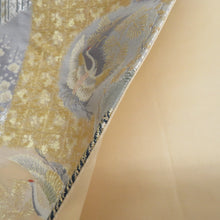 画像をギャラリービューアに読み込む, 袋帯 金糸銀糸 灰色ｘ金色ｘ緑色 向い鶴に松竹梅文様 六通柄 正絹 フォーマル向け 着物帯 長さ448cm