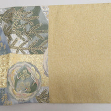 画像をギャラリービューアに読み込む, 袋帯 金糸銀糸 灰色ｘ金色ｘ緑色 向い鶴に松竹梅文様 六通柄 正絹 フォーマル向け 着物帯 長さ448cm