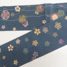 画像をギャラリービューアに読み込む, 名古屋帯 グレーブルーｘ多色 花に駒模様 全通柄 正絹 カジュアル 仕立て上がり 着物帯 長さ361cm