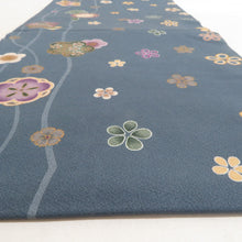 画像をギャラリービューアに読み込む, 名古屋帯 グレーブルーｘ多色 花に駒模様 全通柄 正絹 カジュアル 仕立て上がり 着物帯 長さ361cm