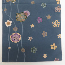 画像をギャラリービューアに読み込む, 名古屋帯 グレーブルーｘ多色 花に駒模様 全通柄 正絹 カジュアル 仕立て上がり 着物帯 長さ361cm