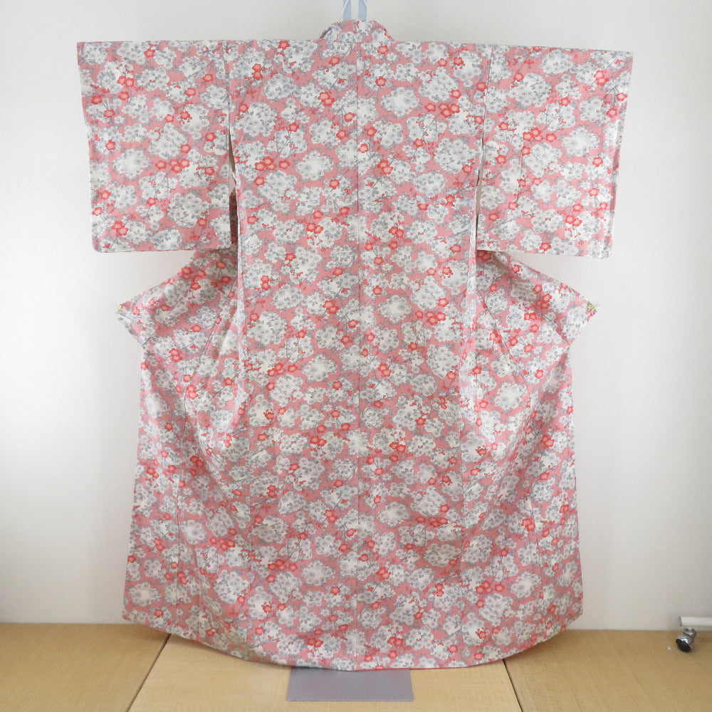 紬 着物 袷 ピンク色x白色xオレンジ色 花の丸模様 広衿 正絹