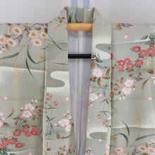 画像をギャラリービューアに読み込む, 小紋 袷 緑色ｘピンク色 花々文様 身丈Ｌサイズ 袖丈長め 正絹 広衿 仕立て上がり着物 身丈161cm