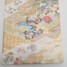 Load image into Gallery viewer, 袋帯 金糸 金色ｘ多色 花鳥平安文 御所車文様 六通柄 正絹 フォーマル向け 着物帯 長さ428cm