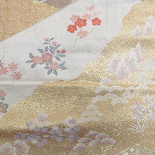 Load image into Gallery viewer, 袋帯 金糸 金色ｘ多色 花鳥平安文 御所車文様 六通柄 正絹 フォーマル向け 着物帯 長さ428cm