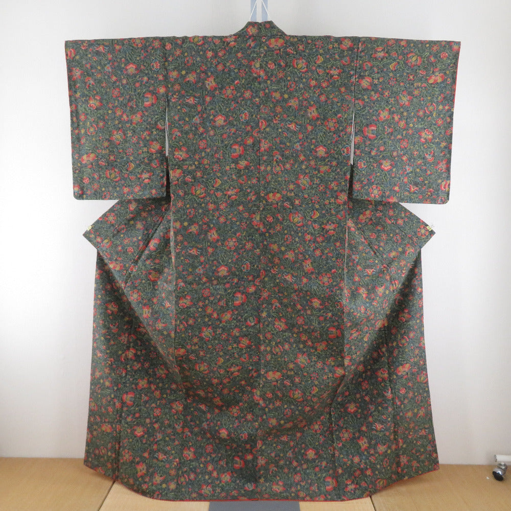 小紋 御召し 袷 矢羽根模様 エンジ色ｘ茶色 広衿 正絹 カジュアル着物 身丈163cm 【キモノオフ野々市若松店】 小紋 御召し 袷 矢羽根模様 エンジ色x茶色 広衿 正絹 カジュアル着物